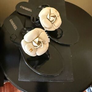 Chanel Beige Camellia Jelly Thong Sandals Flip Flop with box